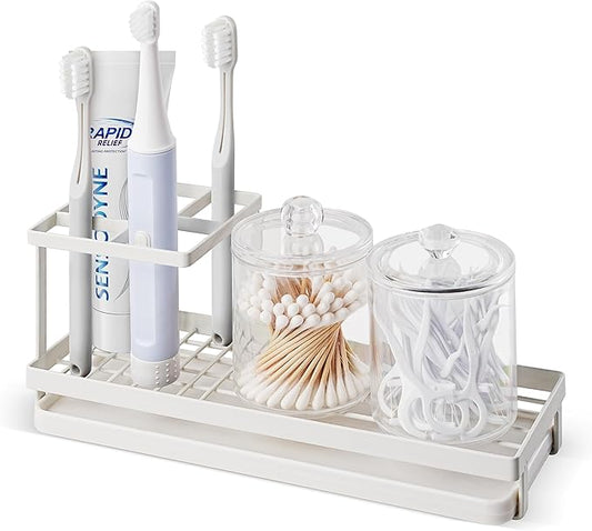 MYITYARD Toothbrush Holders for Bathrooms, 4 Slots Rustproof Metal Tooth Brushing Organizer with Drainage, Electric Tooth Brush Toothpaste Holder for Bathroom Countertop, White