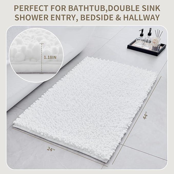 Ruggnovea Chenille Bathroom Rugs Non Slip Washable 44x24, Extra Thick Soft Absorbent Chenille Bath Mat, Non-Slip Barrier Backing, Quick Dry Machine Washable Bath Mats Tub, Shower,Floor/Sink,White - ModernBath