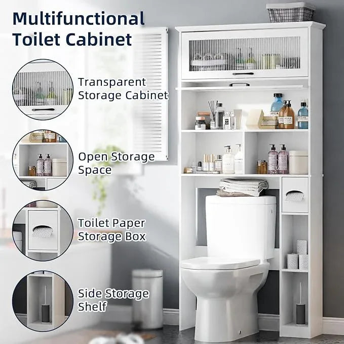 Vabches Over The Toilet Storage Cabinet with Transparent Door, Toilet Paper Storage Cabinet with Multi Layer Shelves Suitable for Bathroom, Laundry Room, Freestanding Bathroom Storage Rack, White - ModernBath