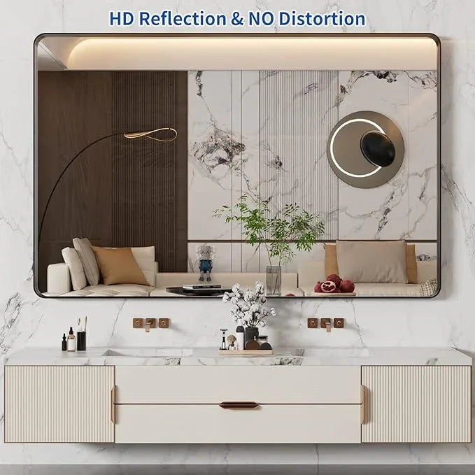 WEER 55X36 Inch Black Metal Framed Bathroom Mirror, Black Bathroom Vanity Mirror Farmhouse, Rounded Rectangular Matte Black Wall Mirrors, Tempered Glass, Anti-Rust (Horizontal/Vertical) - ModernBath