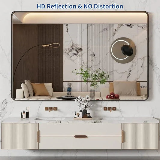 WEER 55X36 Inch Black Metal Framed Bathroom Mirror, Black Bathroom Vanity Mirror Farmhouse, Rounded Rectangular Matte Black Wall Mirrors, Tempered Glass, Anti-Rust (Horizontal/Vertical) - ModernBath