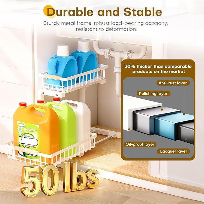 Under Sink Organizer, 2 Tier Pull Out Under-sink Shelves, Adjustable Height (13.8" -16.9"), Sturdy Metal Storage Organizer for Bathroom Kitchen Pantry Cabinet (2 Packs, White) - ModernBath