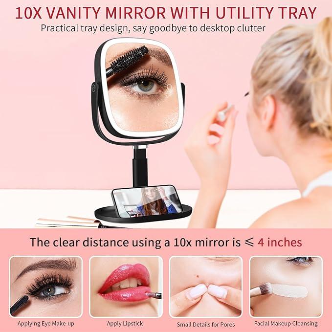 Lighted Makeup Mirror, 2600mAh Rechargeable 1x/10x Magnifying Vanity Mirror, 8.5" Height Adjustable Makeup Mirror with Lights 3 Color, 360° Rotation 2-Sided Light up Large Desk Mirror - Black - ModernBath