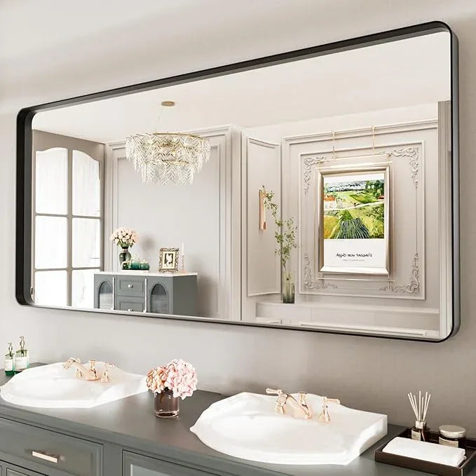 LOAAO 77X36 Inch Black Metal Framed Bathroom Mirror for Wall, Matte Black Bathroom Vanity Mirror Farmhouse, Large Rounded Rectangle Mirror, Anti-Rust, Tempered Glass, Hangs Horizontally or Vertically - ModernBath