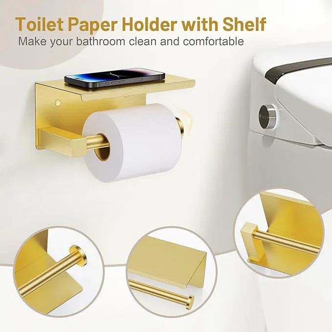 5 Pieces Brushed Gold Bathroom Hardware Set, SUS304 Stainless Steel Bathroom Accessories Set 23.6 inches Towel Bar, Toilet Paper Holder with Shelf, Towel Ring and Two Towel Hooks Wall-Mounted - ModernBath