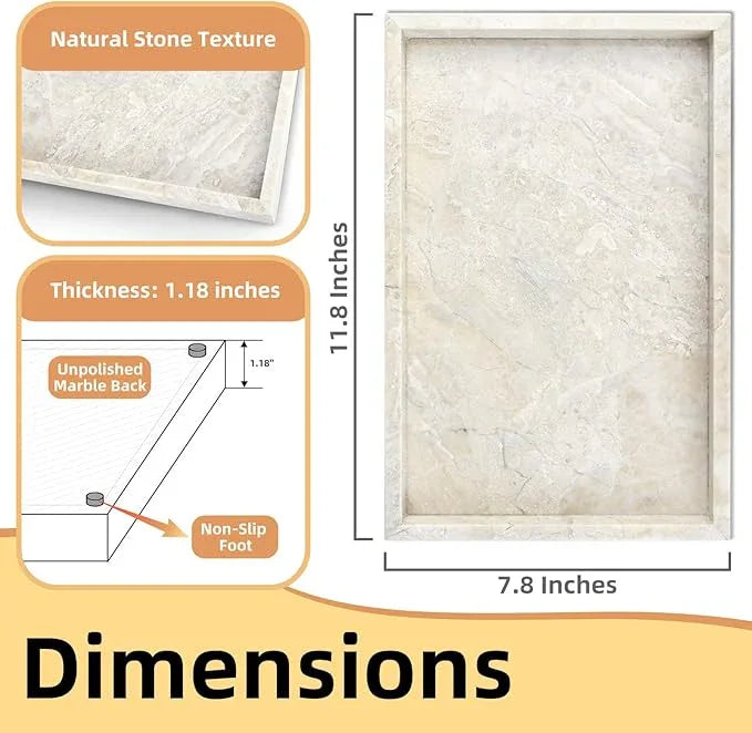 Yew & Tulip Natural Marble Vanity Tray, Luxury Stone with Beige Textures Serving Tray for Bathroom, Kitchen, Vanity, Home Decor, Wedding etc. (12" x 8" x 1.2") - ModernBath