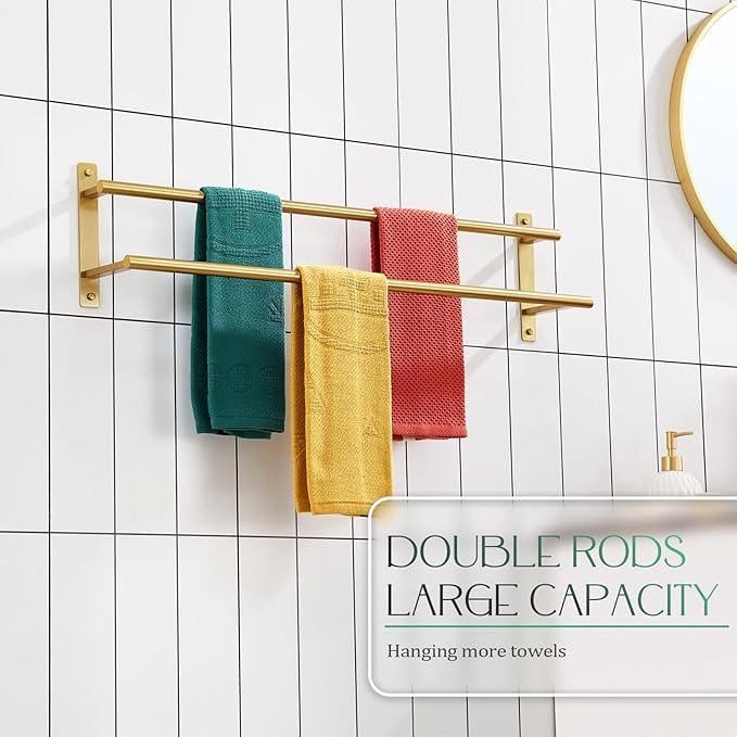 KOKOSIRI 32 Inch Bathroom Towel Racks Double Towel Bar Bath Towel Holder Towel Hanger Towel Shelf Wall Mount Stainless Steel Brushed Gold B5010BG-L32 - ModernBath