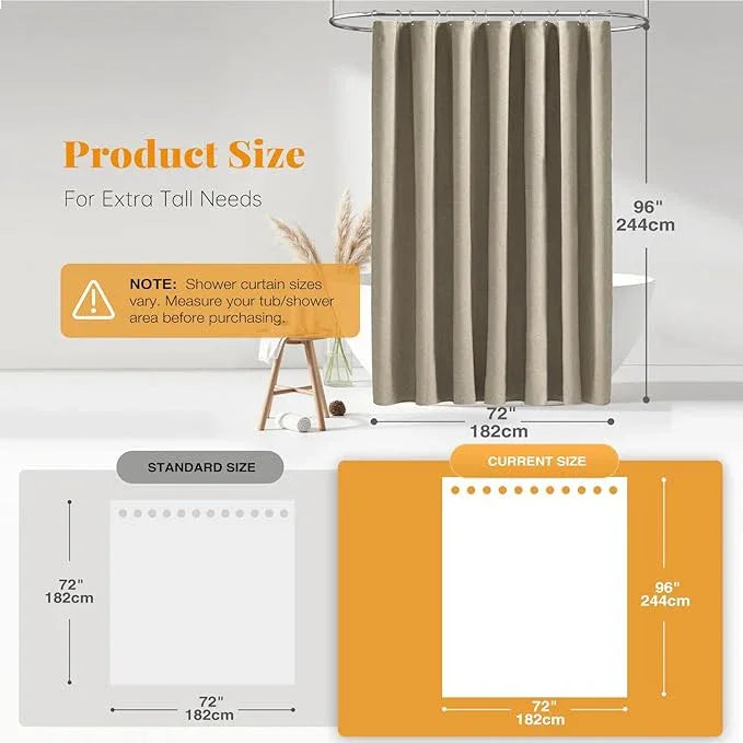 BTTN Extra Long Shower Curtain - 72x96 Inch Long Linen Textured Heavy Duty Fabric Shower Curtain Set with 12 Plastic Hooks, Tall Hotel Spa Luxury Waterproof Curtains for Bathroom Showers - Khaki/Tan - ModernBath
