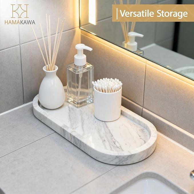 HAMAKAWA Oval Bathroom Vanity Tray, Large Natural Marble Sink Tray 10 inch, Volakas White Stone Soap Trays, Modern Perfume Trays, Countertop Organizer for Kitchen, Coffee Table, Home Decor - ModernBath
