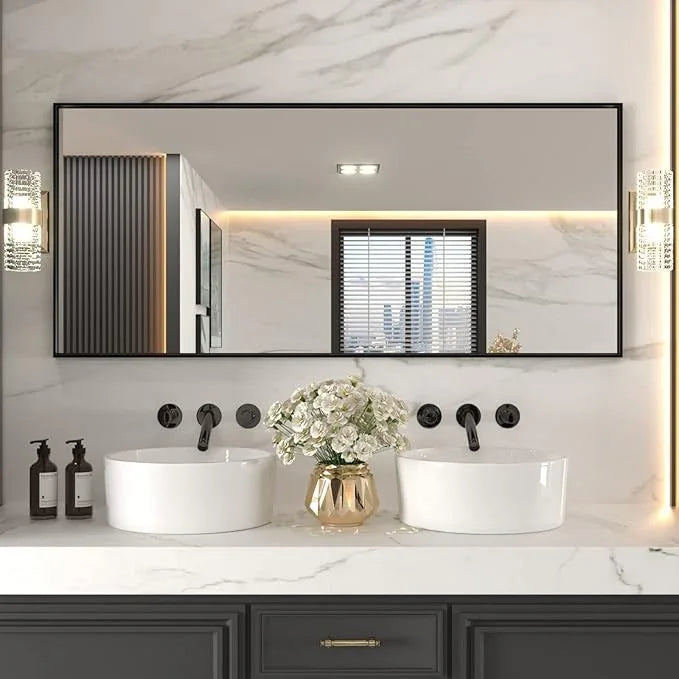 LOAAO 72"X32" Black Rectangle Bathroom Mirror Wall, Matte Black Aluminum Alloy Frame, Tempered Glass, Hangs Vertically or Horizontally, Easy to Install - ModernBath