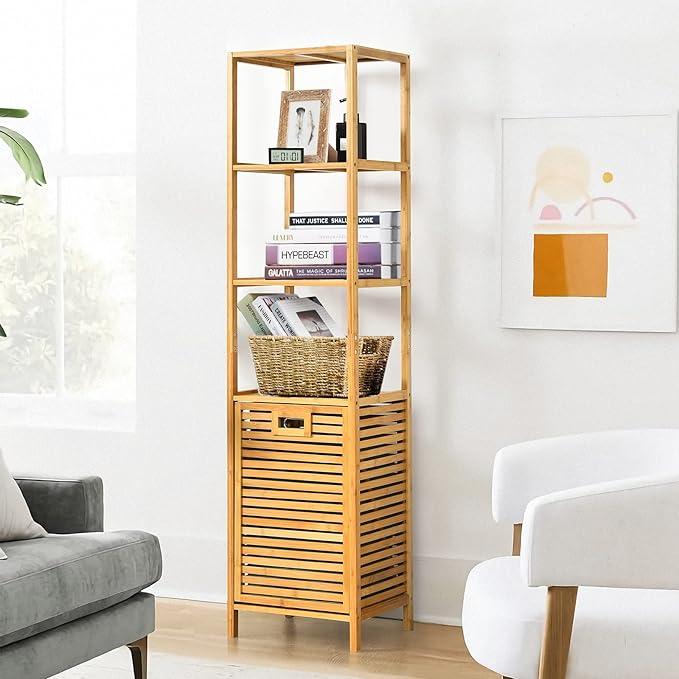 Giantex 63'' Tilt Out Laundry Hamper and 4-Tier Storage Shelves, Removable Clothes Basket with Easy Carry, Bamboo Tower Hamper Organizer, Great for Bathroom, Bedroom, Laundry Room, Closet, Nursery - ModernBath