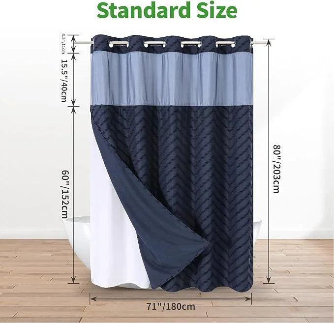 eachope Long No Hook Tufted Chevron Striped Shower Curtain with Snap-in Fabric Liner set-71Wx80H(78H),Navy Blue Hotel Grade Boho Style Shower Curtain with See Through Top Window,Water Repellent - ModernBath