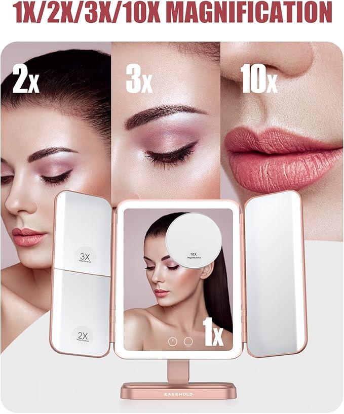 EASEHOLD Rechargable Makeup Mirror Vanity Mirror with Lights, 5000Mah & USB Cable, 112 LEDs Lighted Trifold Mirror with 1X 2X 3X 10X Magnification, Smart Touch, Portable Cosmetic Beauty Mirror - ModernBath