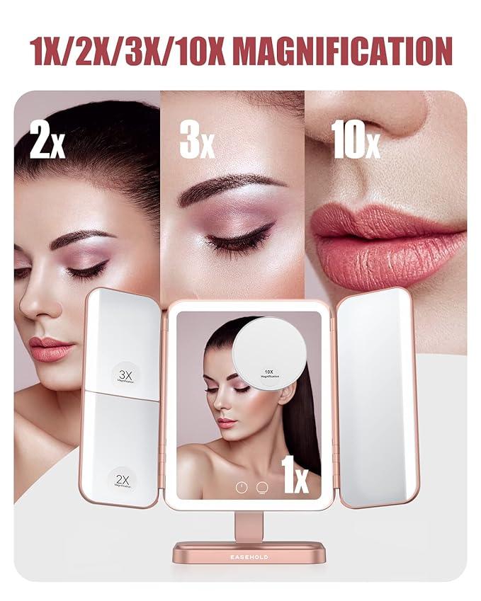 EASEHOLD Rechargeable Vanity Mirror with Lights, 116 LEDs Make up Mirror, 3-Color Lighted Makeup Mirror, 2X/3X/10X Magnification, 5000 mAh, Touch Sensor, Light up Mirror, Gifts for Women - ModernBath