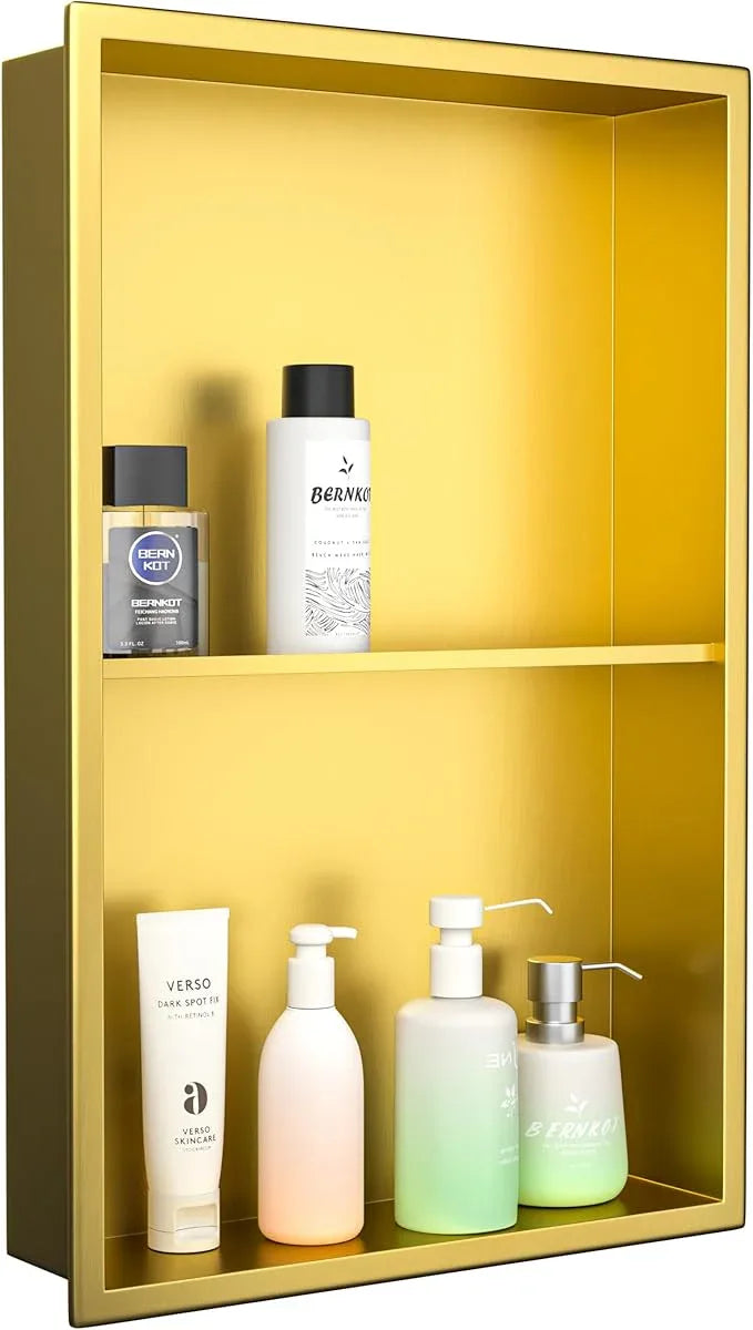Stainless Steel Shower Niche 14"×24" Gold with 2-Tiers Shelf No Tiled Needed Niche Shower for Wall Recessed Shower Box for Bathroom Shower Storage - ModernBath