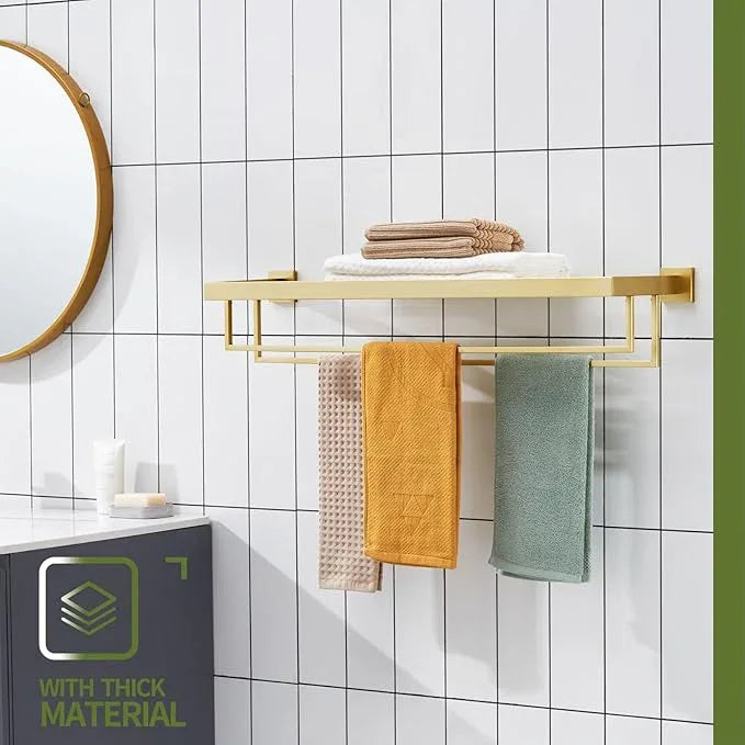 KOKOSIRI 32'' Towel Shelf Holder Bathroom Towel Rack with Two Bath Towel Bars Rails SUS304 Stainless Steel Wall Mount, Brushed Gold B6003BG-L32 - ModernBath