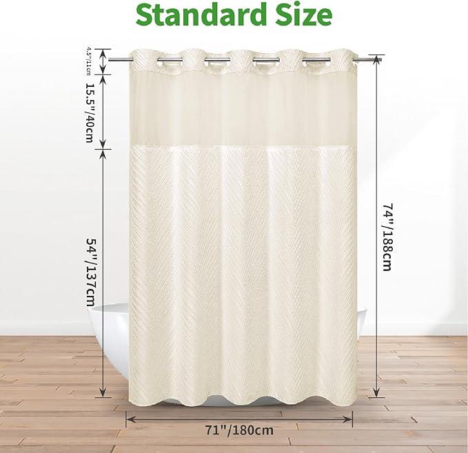 eachope Cream No Hook Tufted Shower Curtain with snap-in Liner for Bathroom, Boho Farmhouse Style with See Through Top Window, no Hook Shower Curtain and Liner Set, Beige/Cream, 71Wx74H - ModernBath