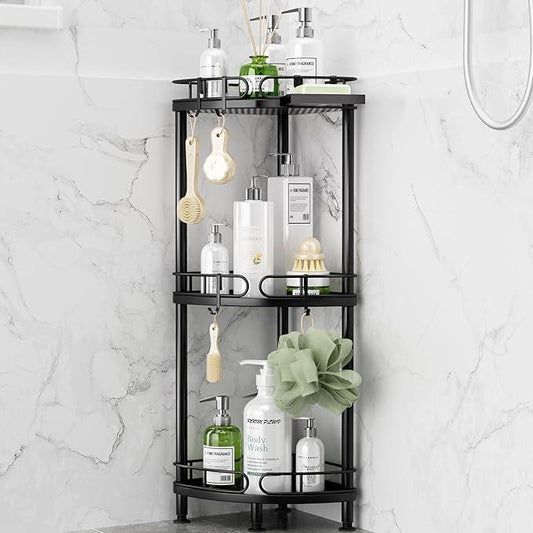 SWTYMIKI Corner Shower Caddy Standing - 3 Tier Rustproof Metal Shower Organizer Stand with Soap Holder and 4 Hooks, Freestanding Floor Shower Storage Stands for Bathroom, Black - ModernBath