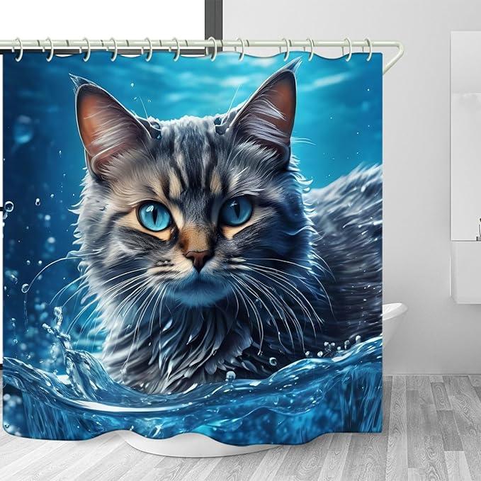 LYFANS Bathroom with Sea Cat 3D Shower Curtains, Luxury Bathtub Standard Shower Curtain, Waterproof and Bright Fabric Shower Curtain Size (72x72 Inches) - ModernBath