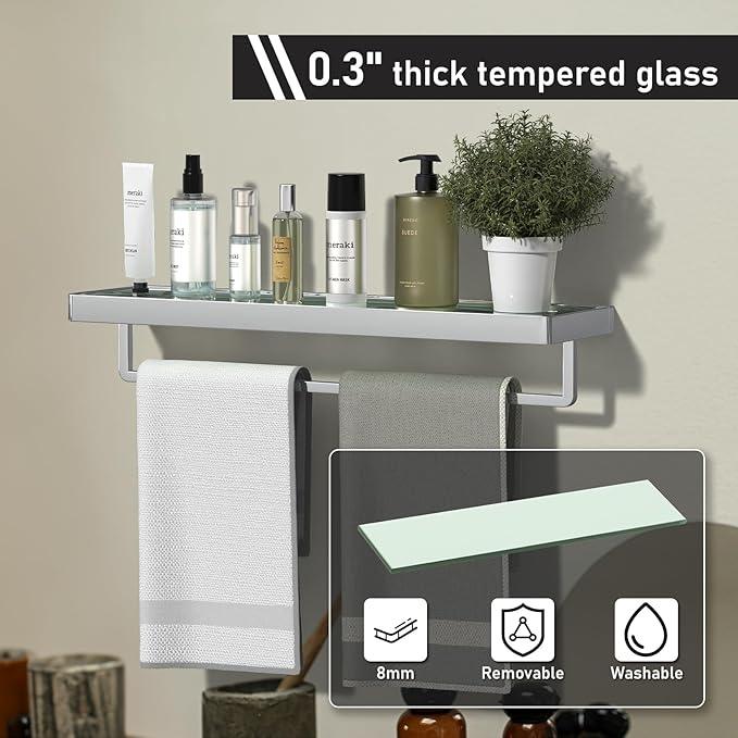Bathroom Shelves Glass Bathroom Shelf with Towel Bar, Floating Shelves for Living Room/Study Room Tempered Glass Rectangular 1 Tier Organizer Wall Shelf (Chrome Polished, 20'') - ModernBath