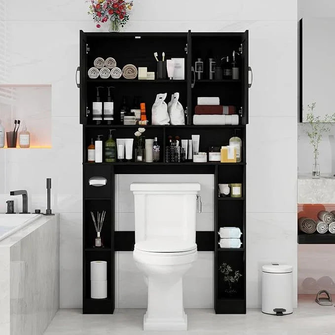 Over The Toilet Storage Cabinet, Farmhouse Toilet Cabinet Rack with 3 Barn Doors, Space Saving Bathroom Organizer with Shelves, Toilet Paper Holder and Towel Rack for Bathroom,Restroom,Laundry, Black. - ModernBath