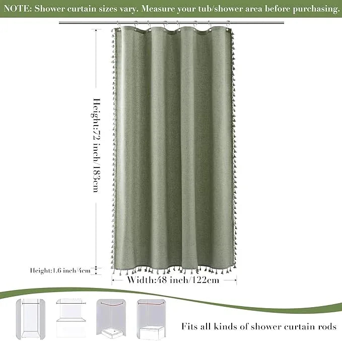 Nanspring Stall Sage Green Boho Linen Shower Curtain 42 Inches Long Weighted Tassel Stall Shower Curtain Set with Hooks Modern Vintage Country Bath Curtain for RV Camper Small Bathroom 42x72, Green - ModernBath