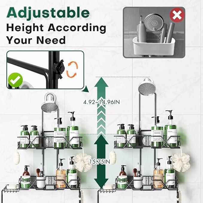 Sewulidon Stainless Steel Hanging Shower Caddy for Handheld Shower Heads,Adjustable Height Extra Long Bathroom Shower Organizer Hanger Rack with Hooks,Soap Holder - ModernBath