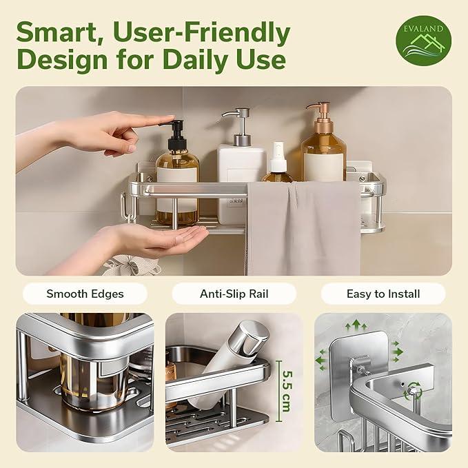 EVALAND Shower Caddy Adhesive 2-Pack with Hooks and Rod for Towels, Silver – Premium Bathroom Shower Shelves, Shampoo Organizer, Bathtub Shelf, Rustproof, Easy Installation, Sturdy Modern Look - ModernBath