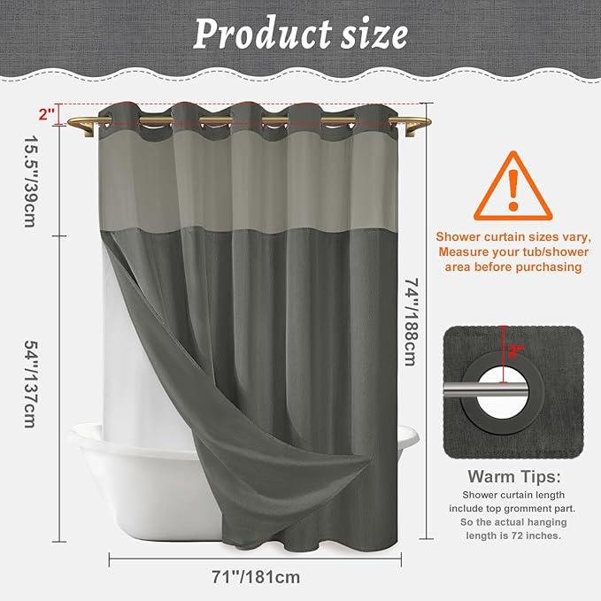 WONICY No Hook Shower Curtain with Snap in Liner, Polyester Textured Shower Curtain with Liner Set, Waterproof Washable Hotel Style Shower Curtains for Bathroom, 71Wx74H, Charcoal Grey - ModernBath