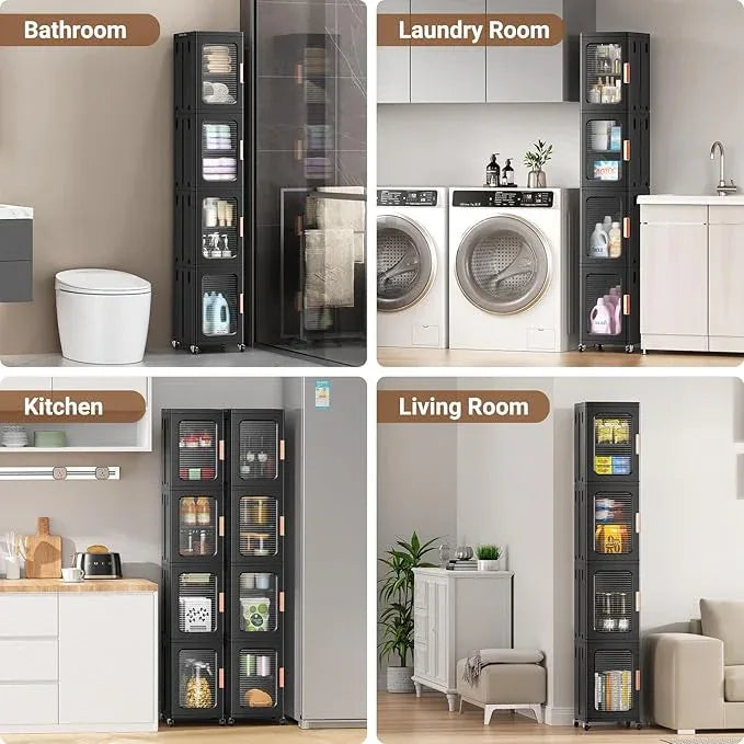 BROVIEW 4-Tier Tall Narrow Storage Cabinet Organizer, Slim Bathroom Cabinets with Adjustable Shelves and Doors, Plastic Kitchen Pantry Organizers and Storages for Small Space, Laundry, Black - ModernBath