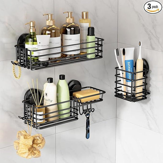 LEVERLOC Shower Caddy Suction Cup, 3 Pack Heavy Duty Bathroom Organizer for Inside Shower with Hooks & Soap holder, Removable Bathroom Holder, Rustproof Black Storage - ModernBath