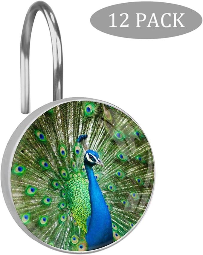 12pcs Shower Curtain Hooks,The Peacock Shows its Tail Decorative Shower Curtain Hanger Rings Roller, Stainless Steel Round Shower Rings Hangers for Bathroom - ModernBath