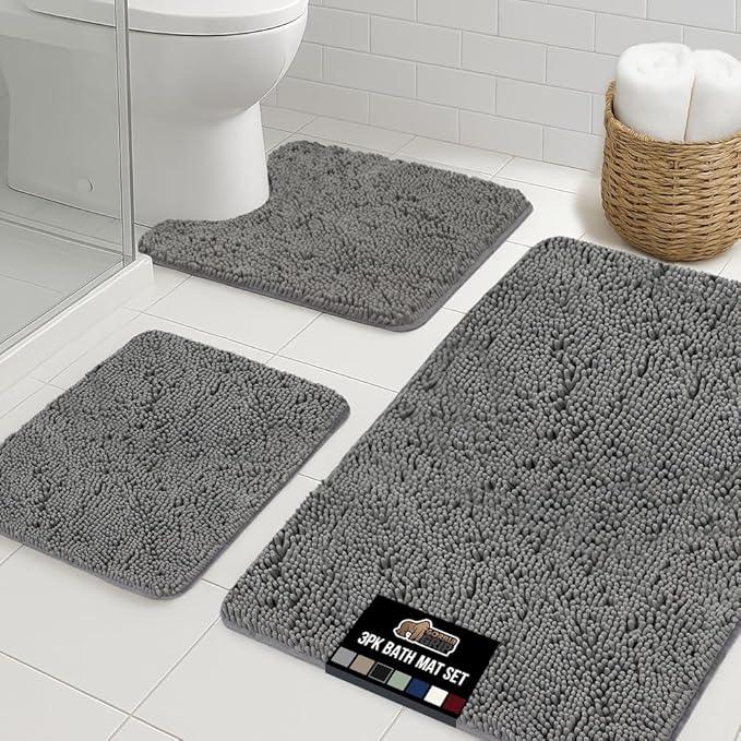 GORILLA GRIP Bathroom Rug Sets 3 Piece, Bath Mat Set and Oval Toilet Base with Rubber Backing, Plush Absorbent Shaggy Chenille Washable Mats, Includes 24x19.5, 24x17 and 36x24 Inch Rugs, Grey - ModernBath