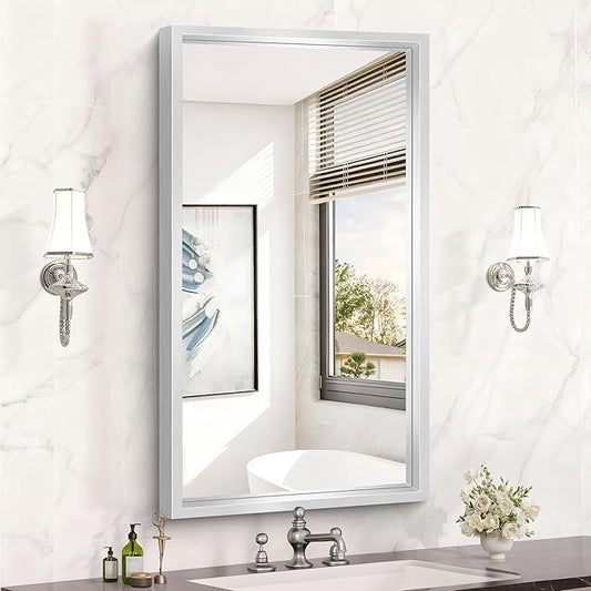 CIVENO 20x36 Silver Bathroom Mirror, Brushed Silver Rectangular Mirror for Wall, 0.6" Thickened Deep Frame Mirrors for Bathroom Sink, Shatterproof Tempered Glass, Antirust, Horizontally or Vertically