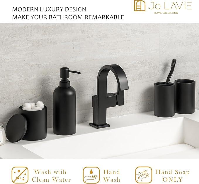 Jo Lavie Bathroom Accessory Set - 4 Pcs Matte Black Bathroom Set with Toothbrush Holder, Soap Dispenser, Tumbler & Cotton Swab Jar - Bathroom Vanity Countertop Organizer, Bathroom Decor Sets - ModernBath