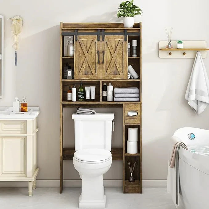 Vabches Over The Toilet Storage Cabinet, Farmhouse Storage Cabinet Over Toilet with Sliding Doors & Toilet Paper Holder Stand，Home Space-Saving Toilet Rack, for Bathroom, Restroom, Laundry - ModernBath