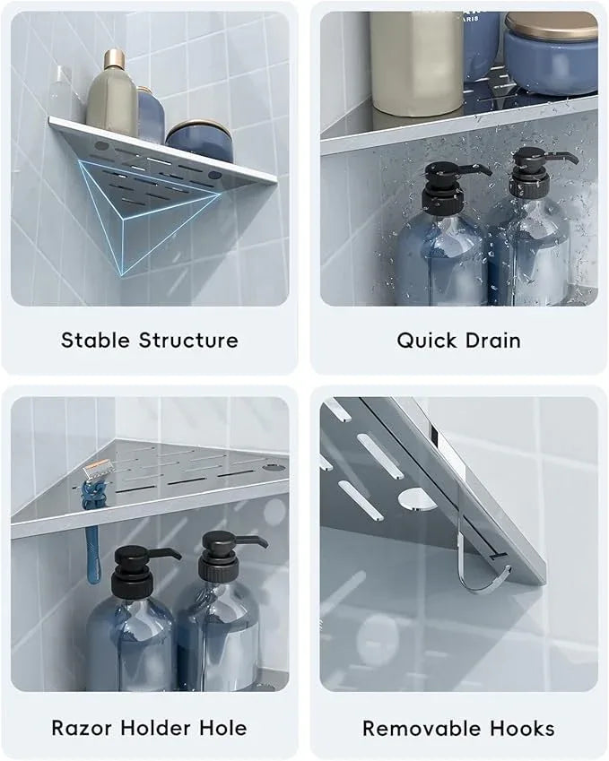 DAYONE 2 Pack Corner Shower Shelves 10", Chrome 304 Stainless Steel Recessed Bathroom Shelf with Razor Holding Hole and 2 Hools, for Tiled Wall No Drilling Needed - ModernBath