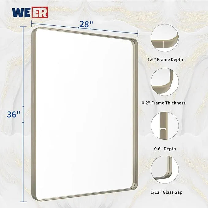 WEER 28X36 Inch Brushed Nickel Bathroom Mirror, Brushed Silver Metal Frame Mirror, Rounded Rectangle Silver Bathroom Vanity Mirror, Tempered Glass, Anti-Rust, Hangs Horizontally or Vertically - ModernBath
