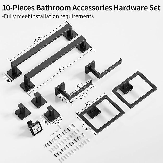 Bathroom Accessories Set 10-Piece Stainless Steel Modern Wall Mount Towel Racks for Bathroom 16In, Matte Black - ModernBath