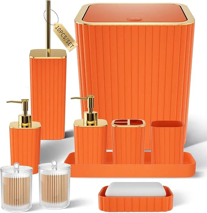 XLHOMO Bathroom Accessories Set - Gorgeous Bathroom Set, 10PC Orange Bathroom Accessory Set, Orange Bathroom Sets, Toilet Brush, Trash Can & Soap Dispenser - ModernBath