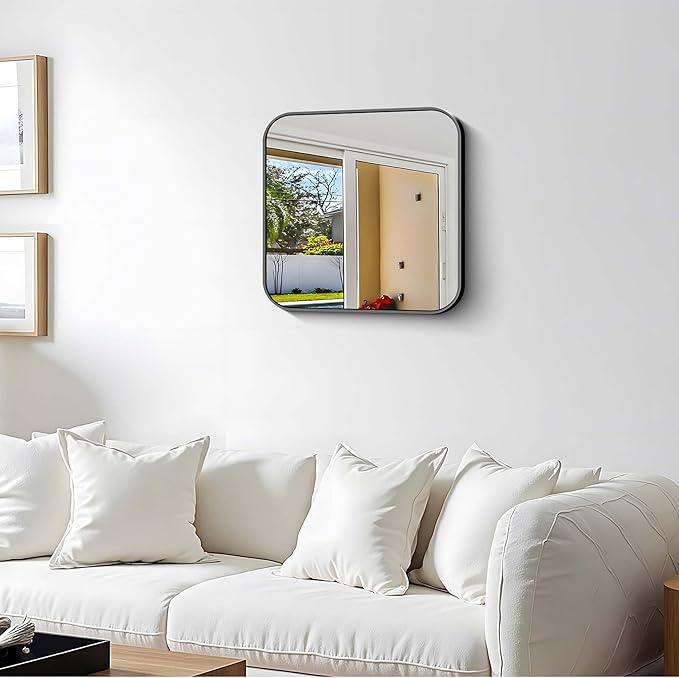 CIVENO Black Bathroom Mirror, 18 x 18 inch Square Mirrors for Wall, Metal Frame Rounded Corner Vanity Mirror for Over Sinks Modern Bedroom Living Room Horizontal Or Vertical Mounting - ModernBath
