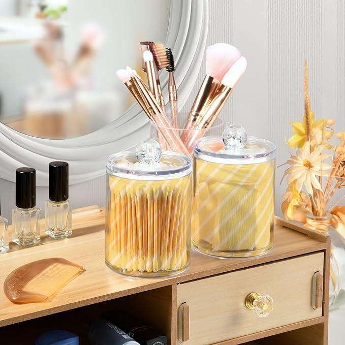 Tatenale Qtip Holder Bathroom Set Q tip Cotton Ball Swab Pad Dispenser Container Organizer Plastic Jars with Lids Storage 2Pack White Diagonal Lines Yellow - ModernBath