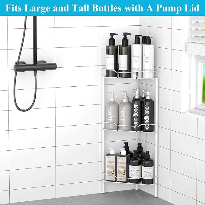 3 Tier Floor Standing Corner Shower Caddy Organizer Shelf with Hooks, Bathroom Shelves Stand Rack, White - ModernBath