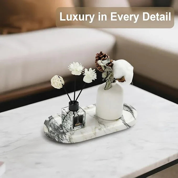Natural Marble Vanity Tray - Moujings Genuine Marble Perfume Tray for Bathroom Decor, Stone Bathroom Vanity Organizer Tray for Kitchen Counter, Candles, Jewelry, Coffee, Makeup, Key - ModernBath