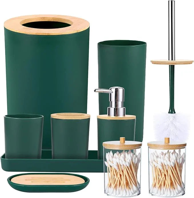 SLDIYWOW 9-Piece Dark Green Bathroom Accessories Set with Trash Can, Tray, Soap Dispenser, Toothbrush Holder, Toothbrush Cup, Soap Dish, Toilet Brush and Q-tip Holders for Bathroom/Housewarming - ModernBath