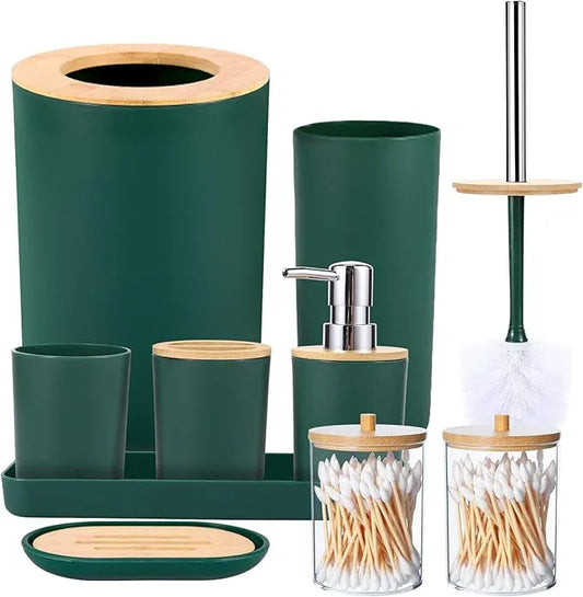 SLDIYWOW 9-Piece Dark Green Bathroom Accessories Set with Trash Can, Tray, Soap Dispenser, Toothbrush Holder, Toothbrush Cup, Soap Dish, Toilet Brush and Q-tip Holders for Bathroom/Housewarming - ModernBath