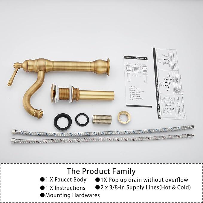 GGStudy 360° Swivel Antique Brass Bathroom Vessel Sink Faucet Single Handle One Hole Matching with Pop Up Drain - ModernBath