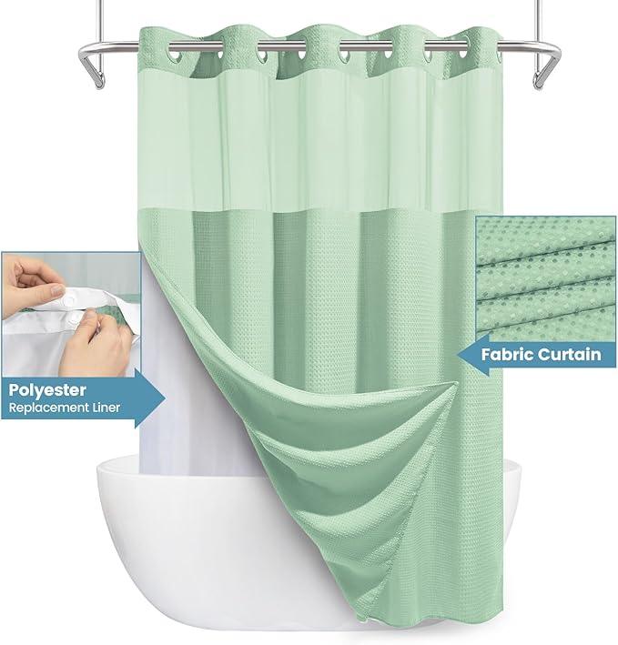 EUTXL Mint Green Long No Hook Shower Curtain with Snap in Liner,230GSM Waffle Weave Shower Curtains for Bathroom,71W x 86H - ModernBath