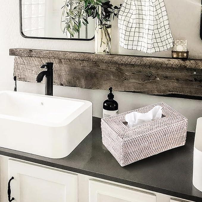 Sumnacon Tissue Box Cover Rectangle Tissue Box Rattan Tissue Box Holder,Wicker Decorative Tissue Holder for Bathroom Toilet Living Room Kitchen Office Table Desk, Whitewash - ModernBath