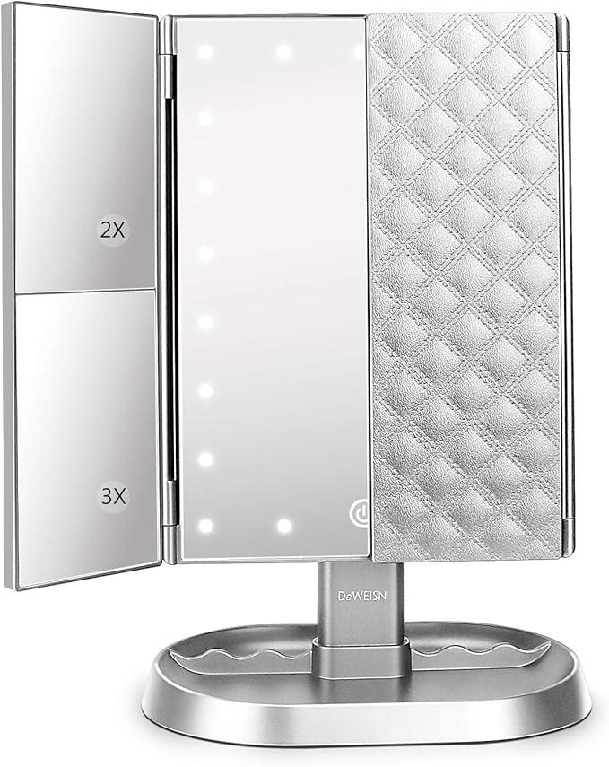 deweisn Trifold Lighted Vanity Makeup Mirror with 21 LED Lights,1/2/3 Magnification and Dimming,Two Power Supplies Makeup Mirror,Gift for Women - ModernBath